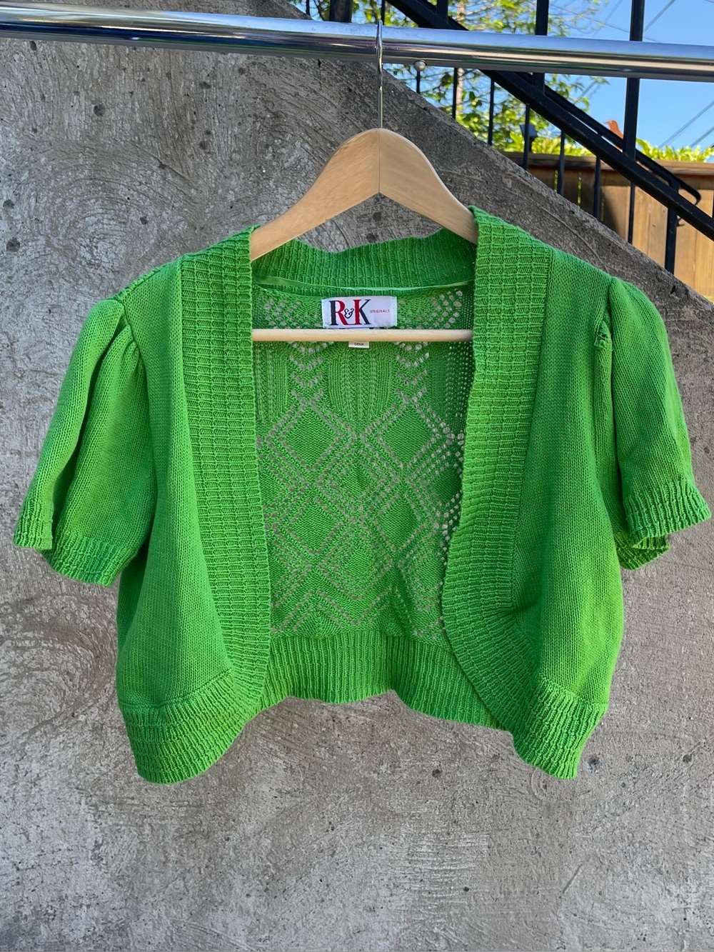 Y2k green R&K short sleeve shrug cardigan/bolero size small